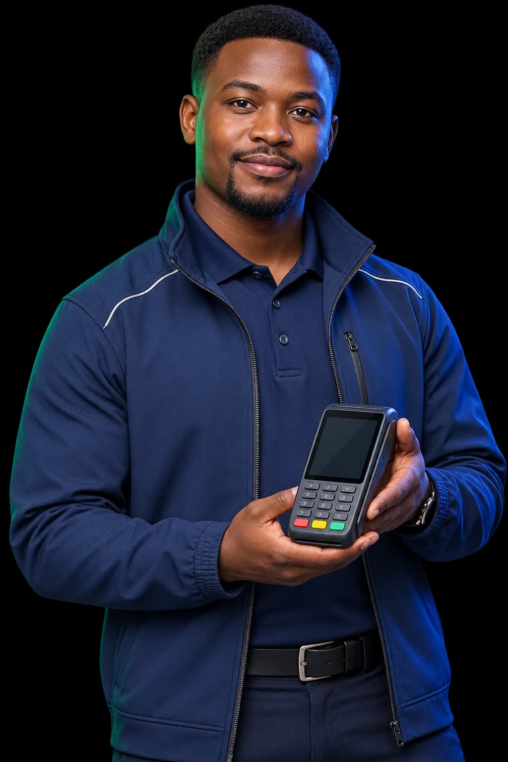 Zimbabwean iPayTech support specialist holding a point-of-sale terminal